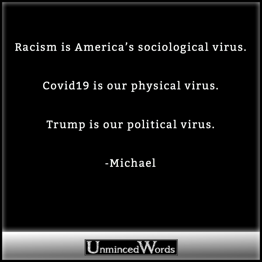 Racism is America’s sociological virus. Covid19 is our physical virus. Trump is our political virus.