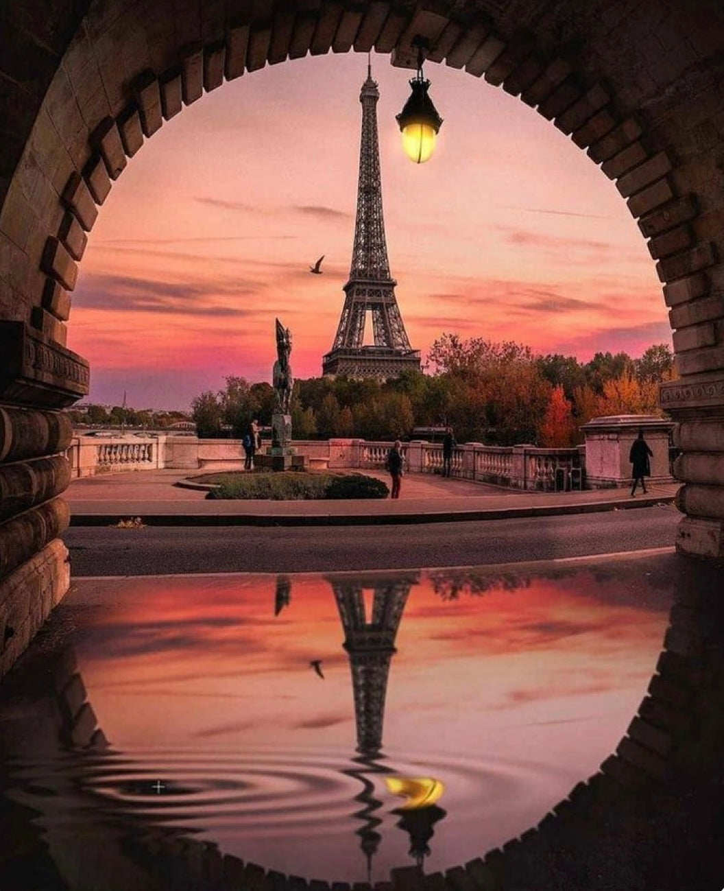 The Eiffel Tower framed beautifully and with a perfect water reflection.